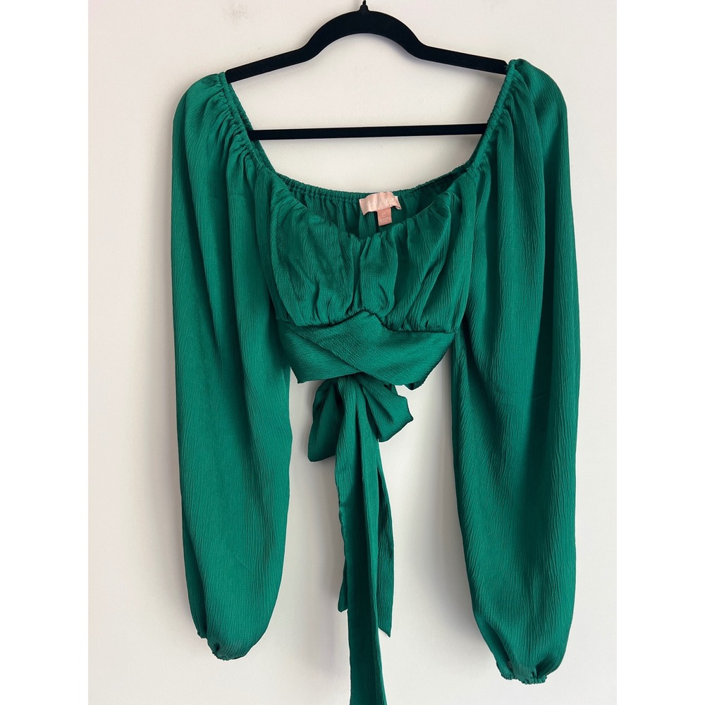 Charmed‎ Hearts Emerald Green Off Shoulder Lantern Sleeve Tie Crop Party Top L